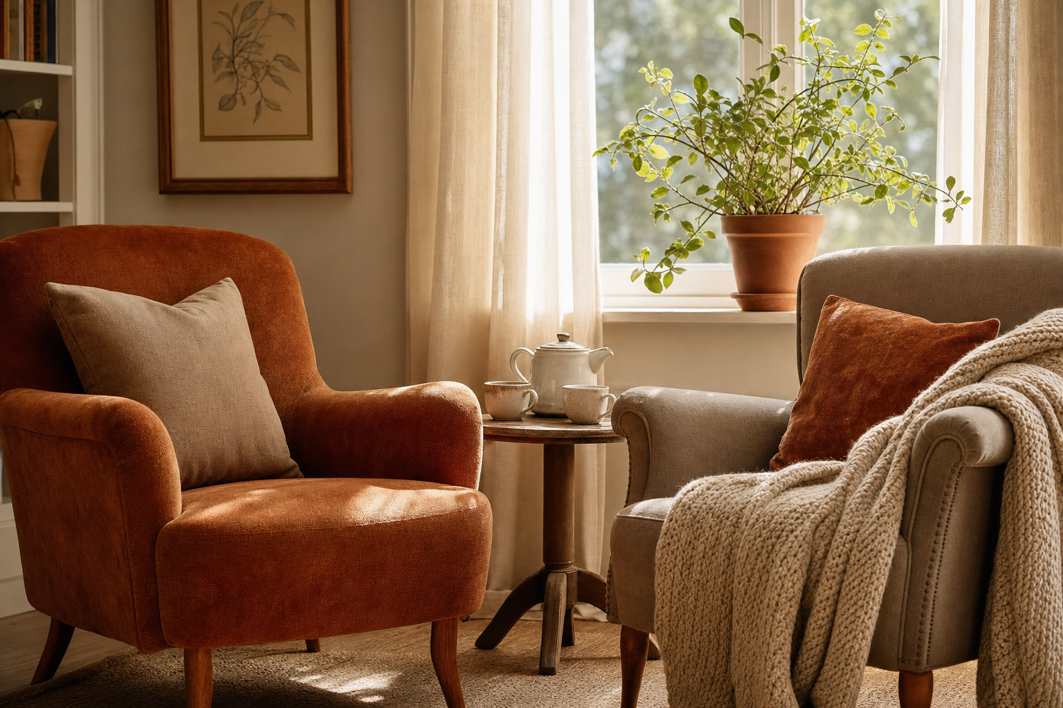 Two comfortable armchairs side by side beside a sunny window with a teapot and two cups between them