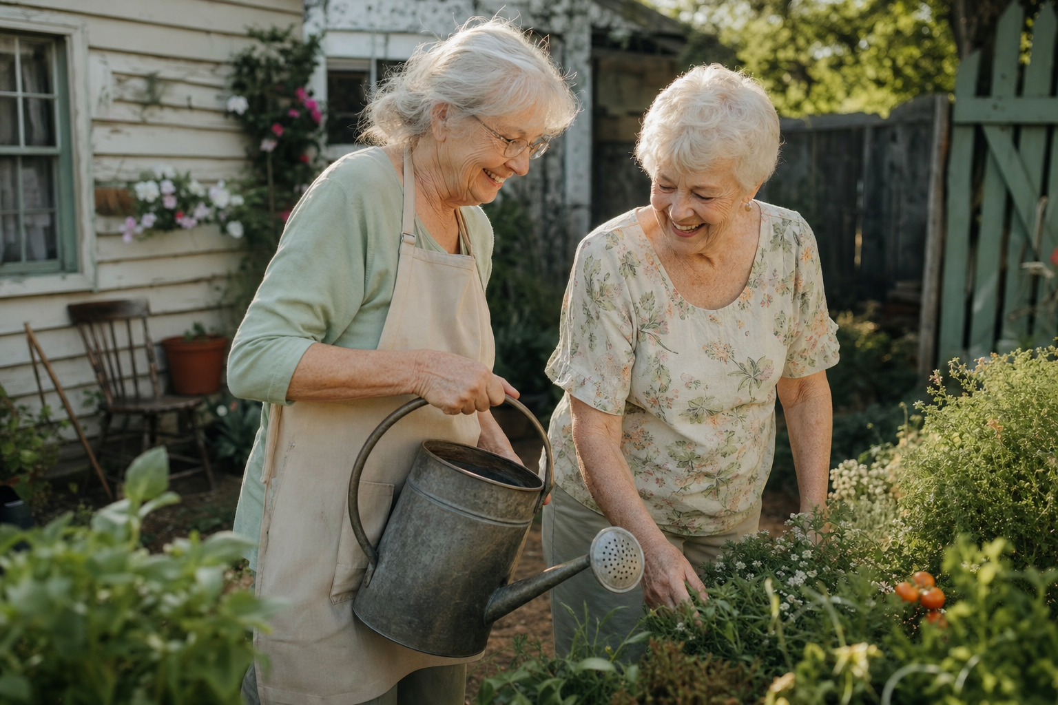 Two older women tending a garden together in soft morning light